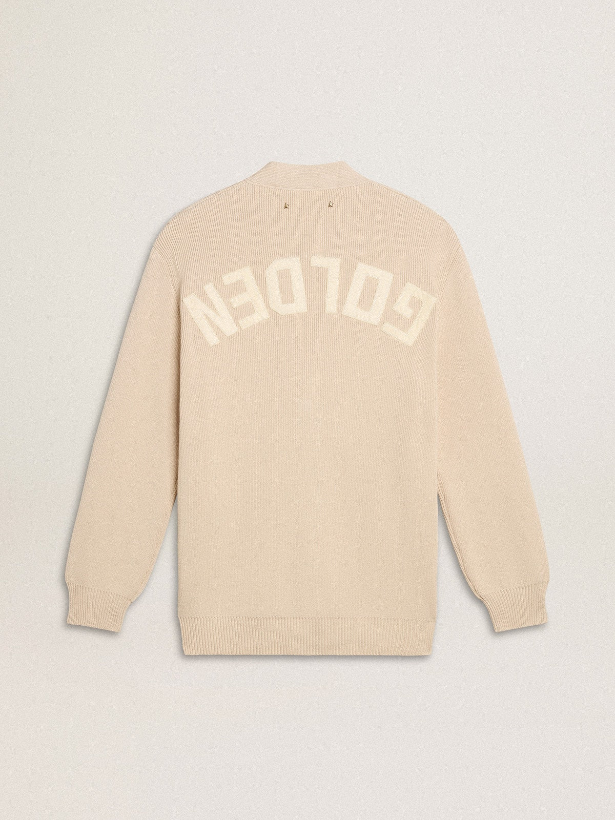 Women’s beige cardigan with 'Golden' lettering on the back