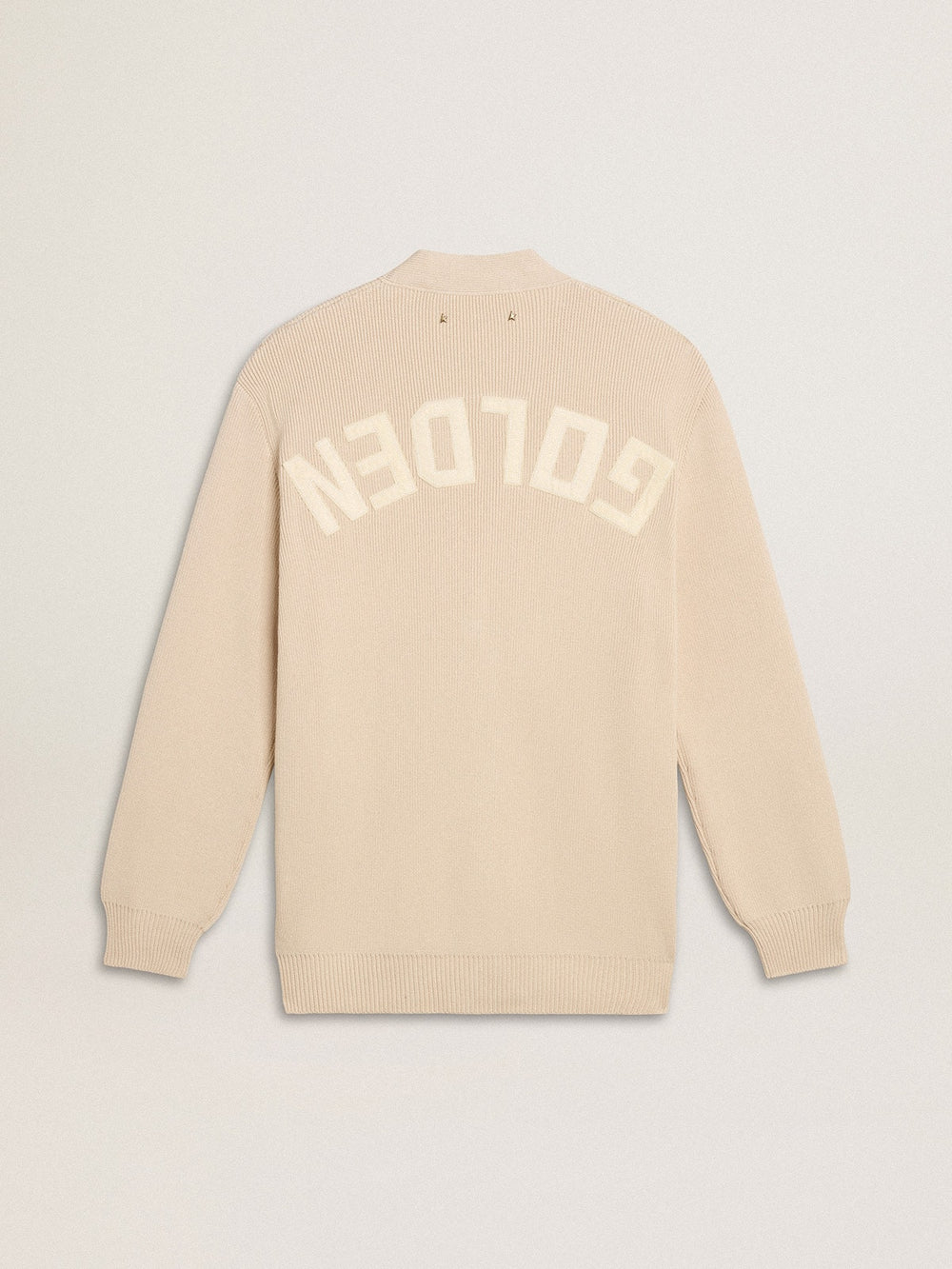 Women’s beige cardigan with 'Golden' lettering on the back