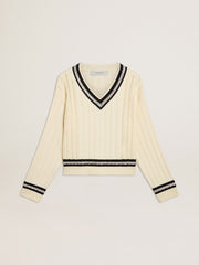 Women's cable-pattern cropped sweater with blue ribbing and crystals