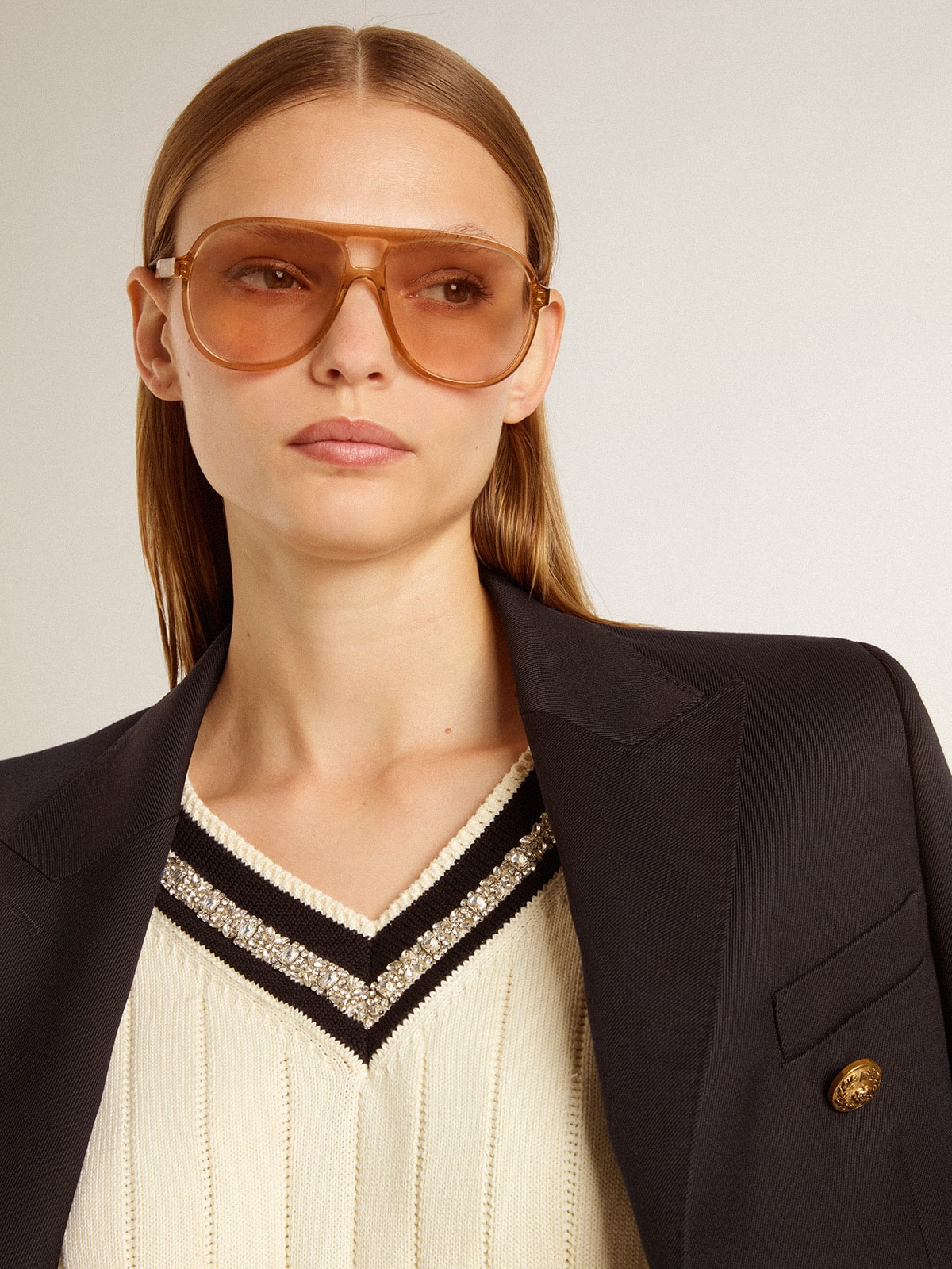 Women's cable-pattern cropped sweater with blue ribbing and crystals