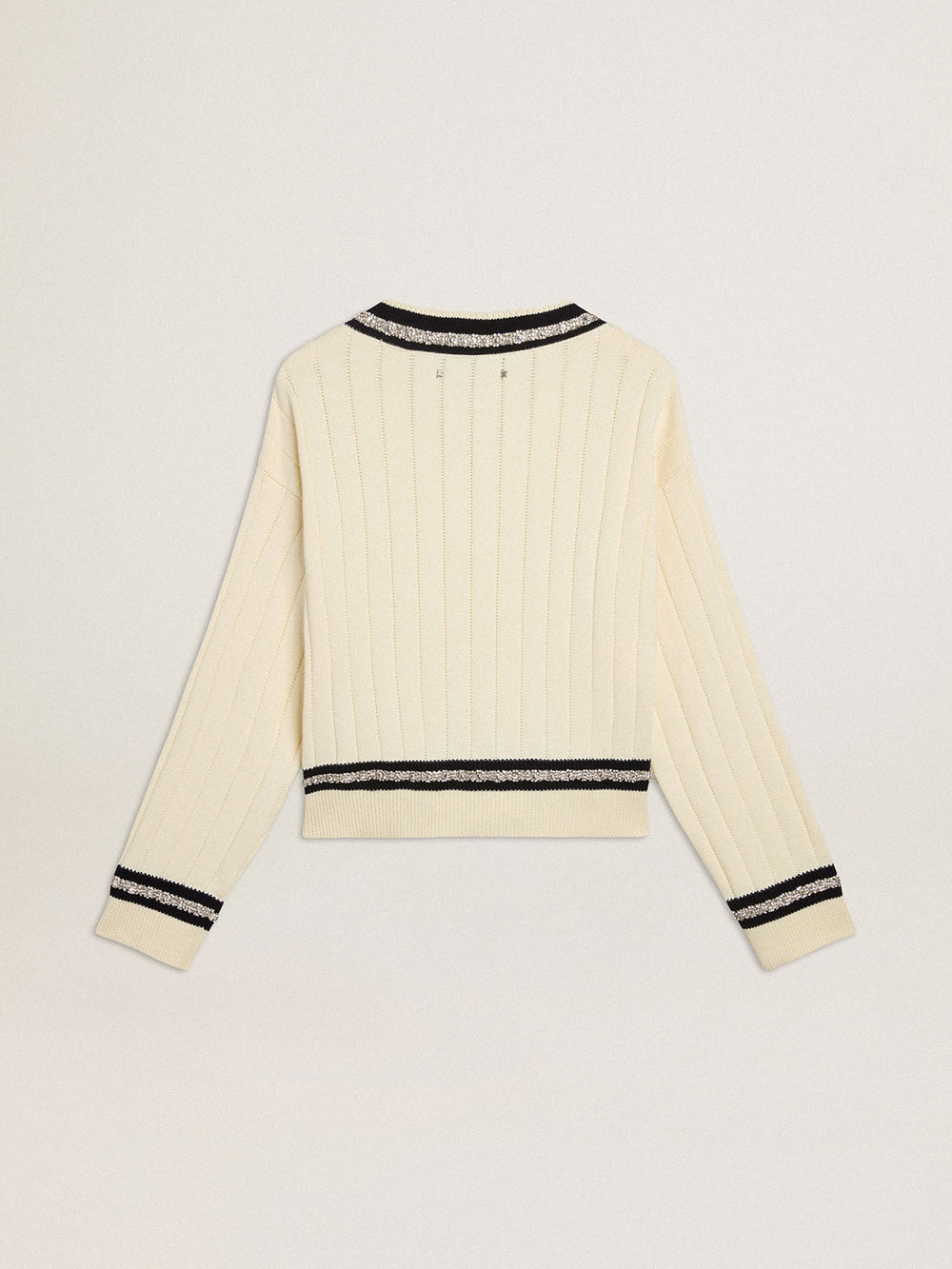 Women's cable-pattern cropped sweater with blue ribbing and crystals