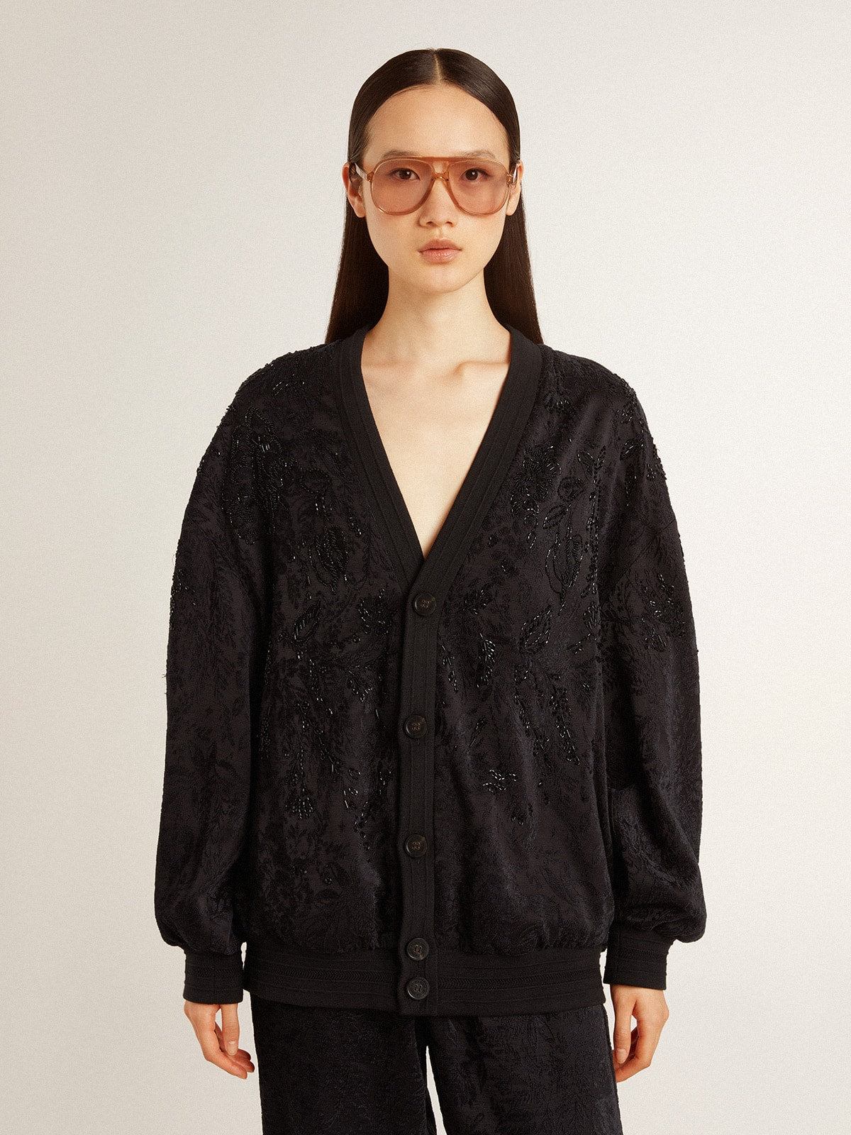 Women's black cardigan with tone-on-tone toile de jouy bead embroidery