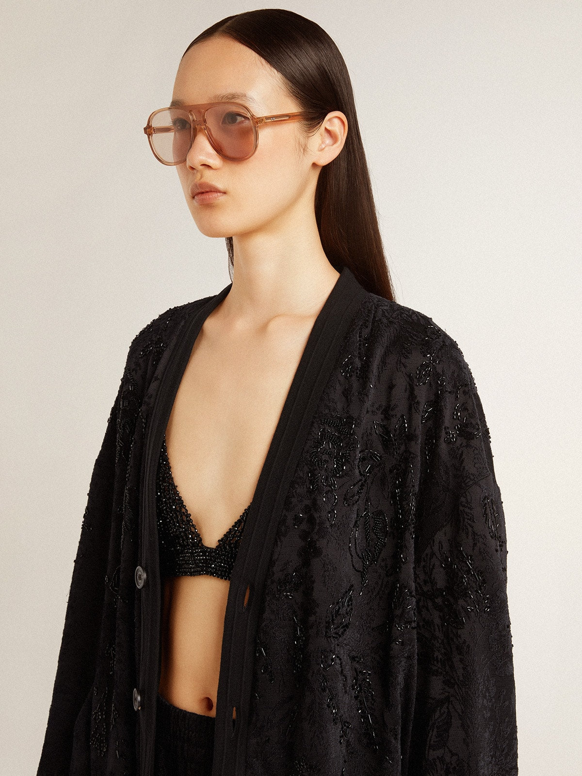 Women's black cardigan with tone-on-tone toile de jouy bead embroidery