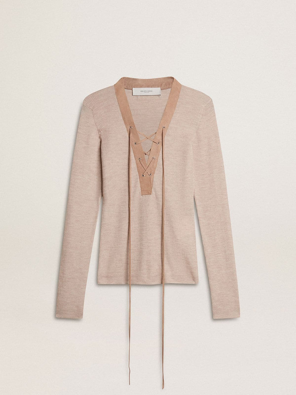 Beige wool sweater with leather details
