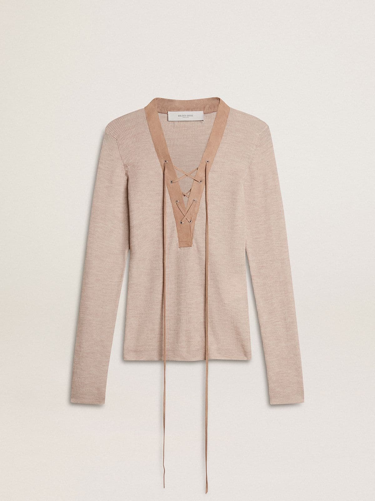 Beige wool sweater with leather details