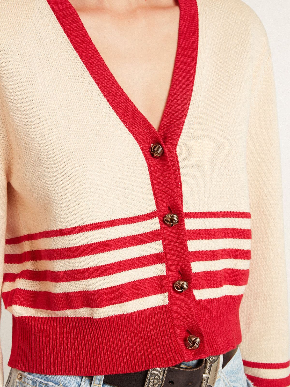 Women's cardigan in cream with red stripes