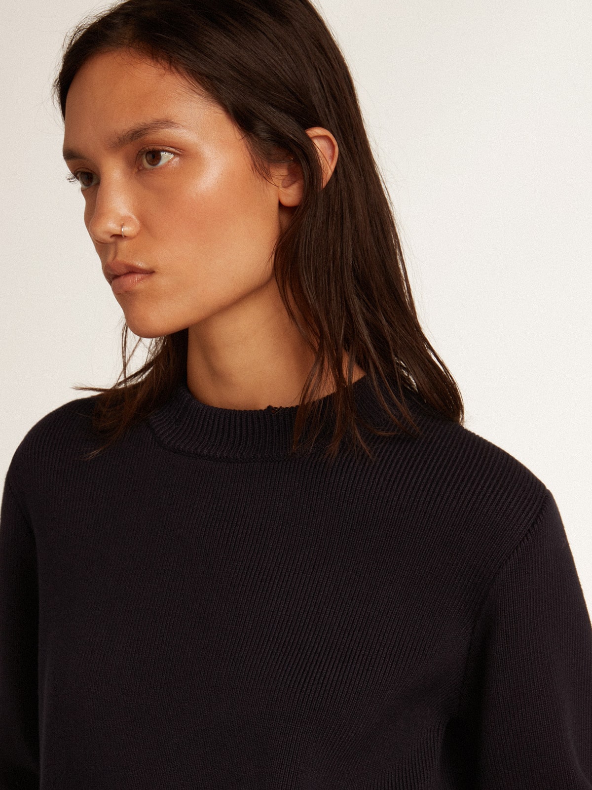 Women’s round-neck sweater in dark blue cotton