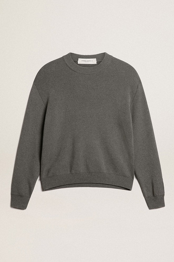 Women's round-neck sweater in dark gray cotton with logo on the back