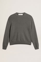 Women's round-neck sweater in dark gray cotton with logo on the back