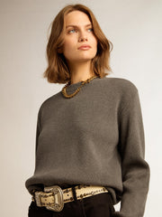 Women's round-neck sweater in dark gray cotton with logo on the back