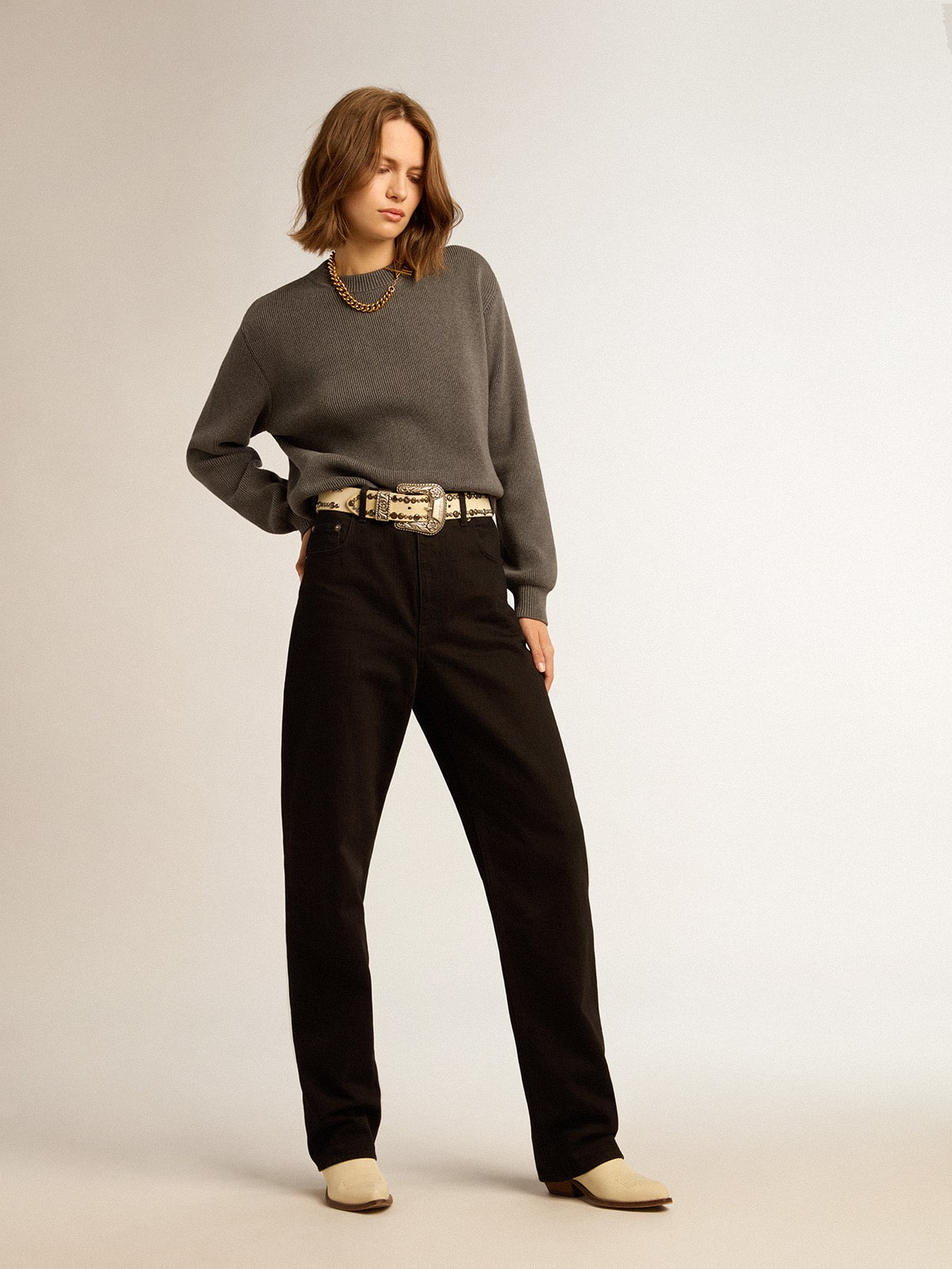 Women's round-neck sweater in dark gray cotton with logo on the back