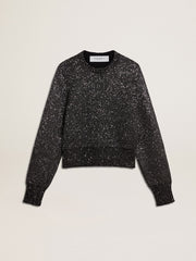 Women's black wool blend cropped sweater with all-over sequins