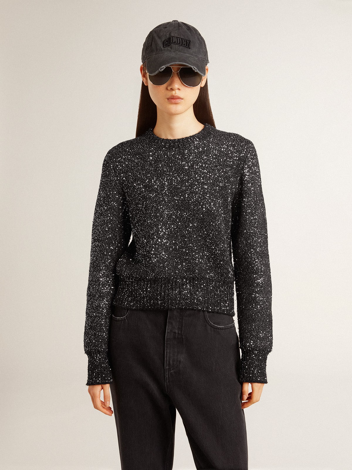 Women's black wool blend cropped sweater with all-over sequins