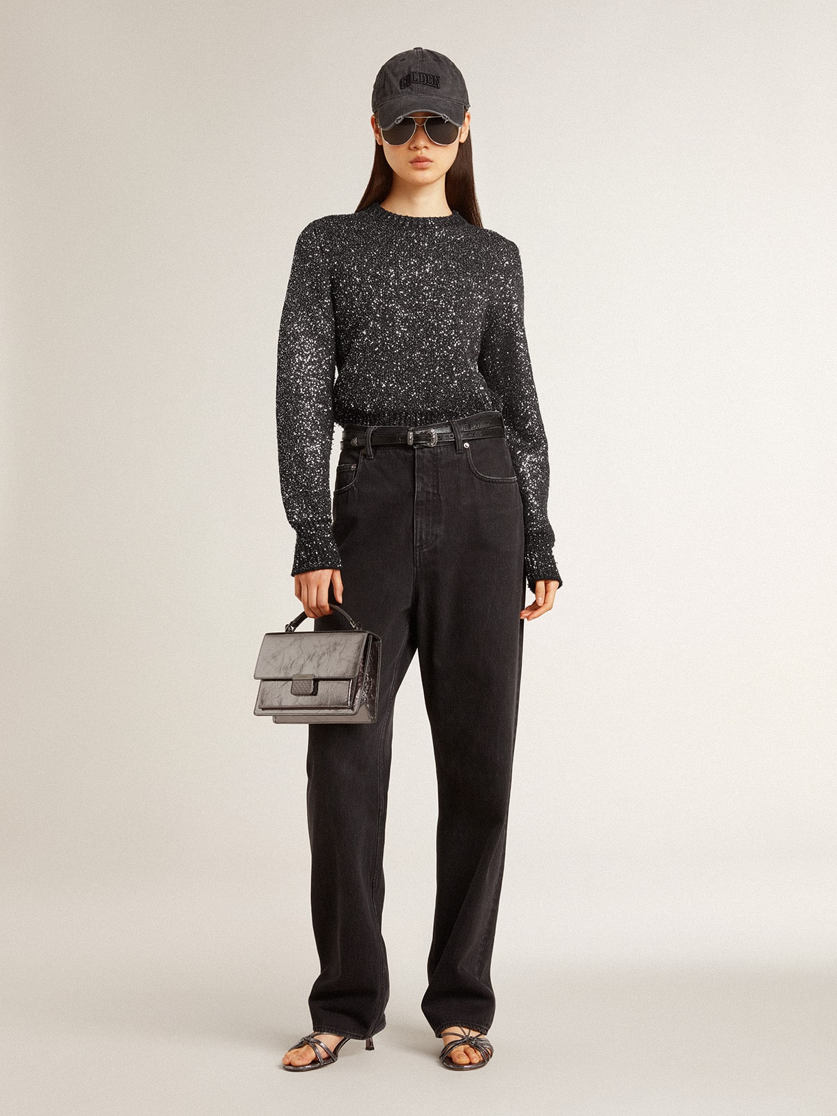 Women's black wool blend cropped sweater with all-over sequins