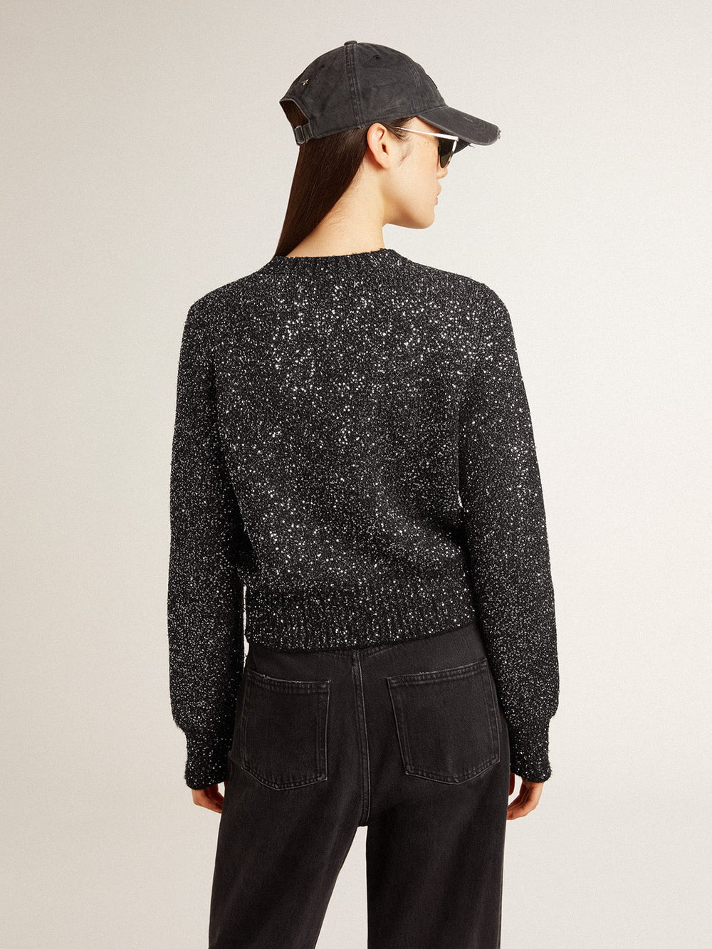 Women's black wool blend cropped sweater with all-over sequins