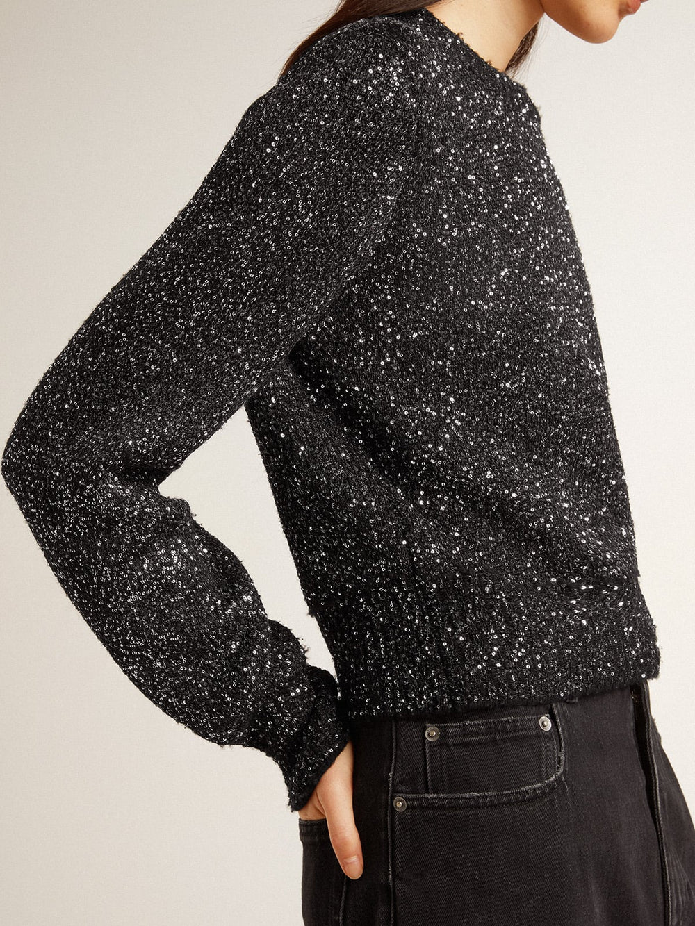 Women's black wool blend cropped sweater with all-over sequins