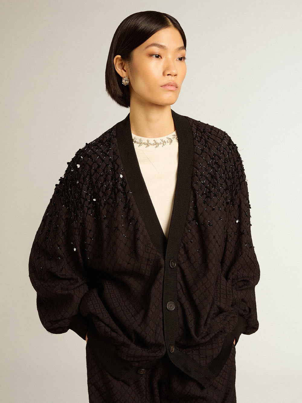 Women’s black cardigan with shaded embroidery