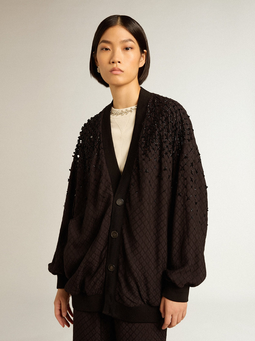 Women’s black cardigan with shaded embroidery