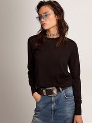 Women's round-neck sweater in black wool