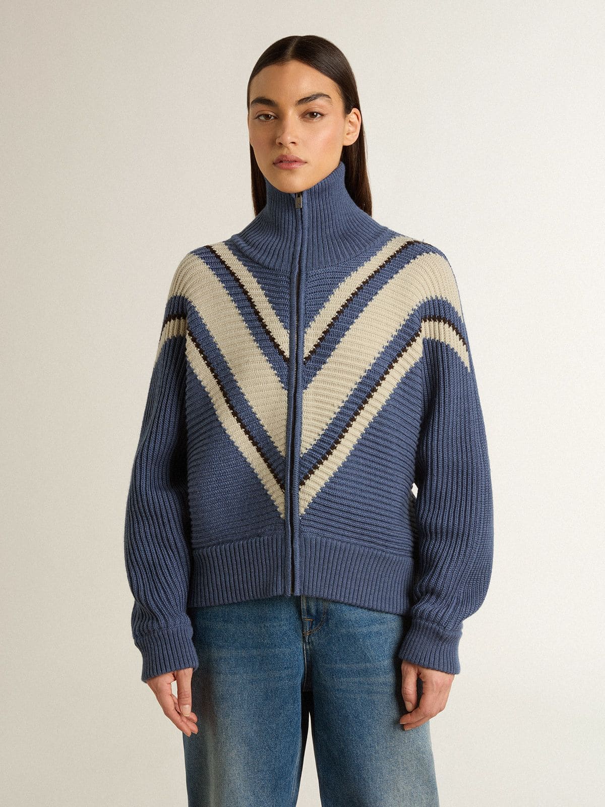 Women's light blue jacquard wool sweater with cream-colored pattern