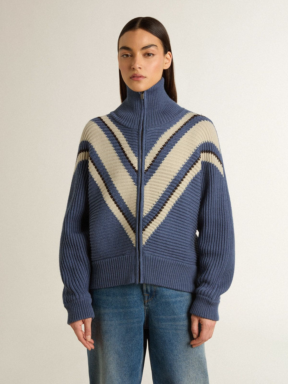 Women's light blue jacquard wool sweater with cream-colored pattern