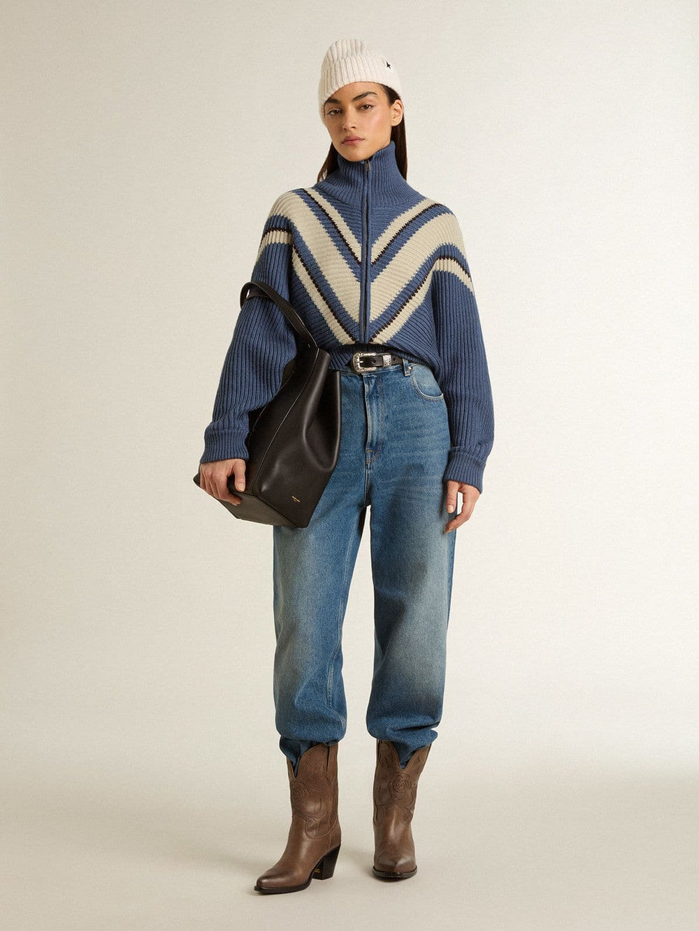 Women's light blue jacquard wool sweater with cream-colored pattern