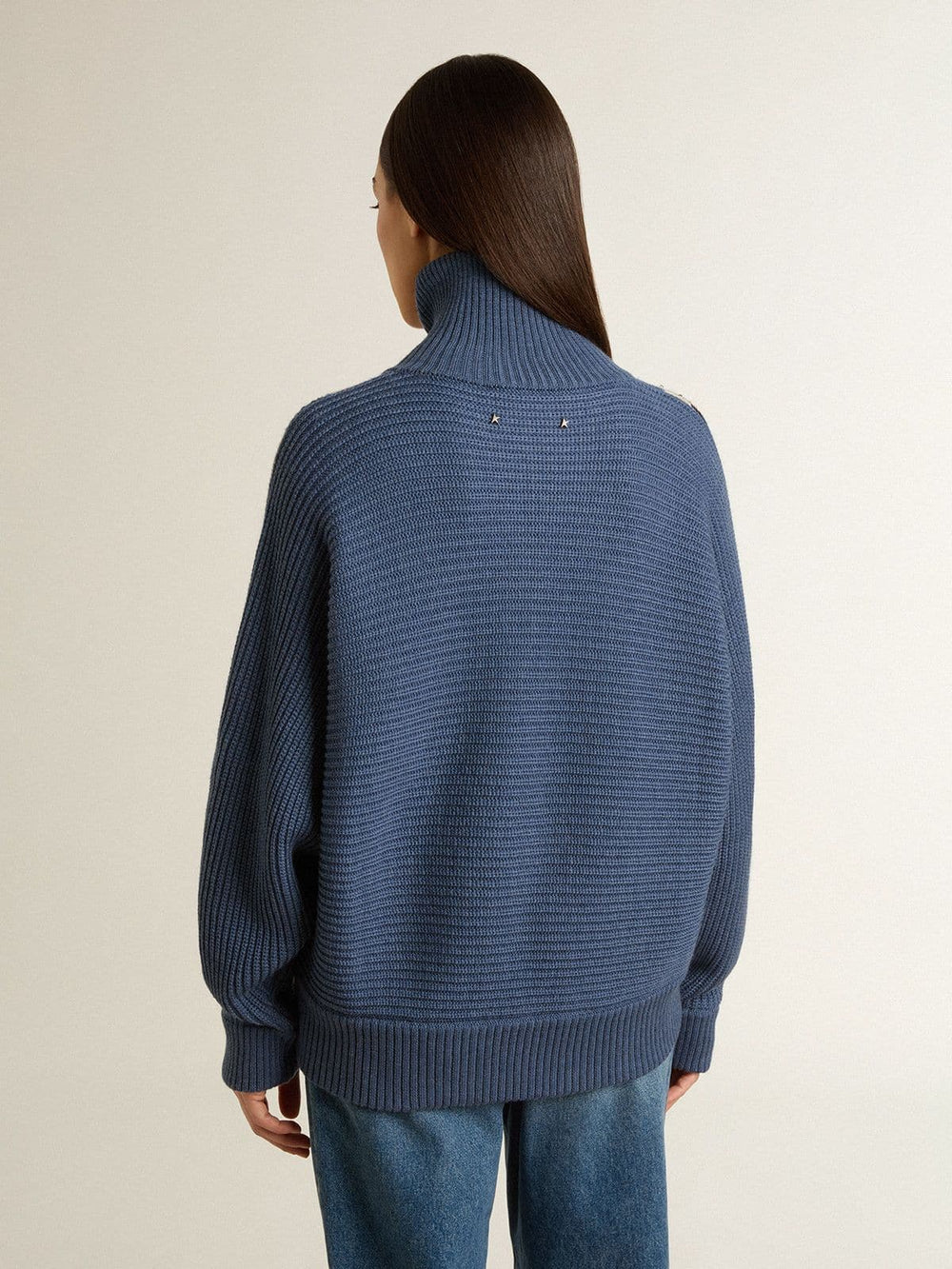 Women's light blue jacquard wool sweater with cream-colored pattern