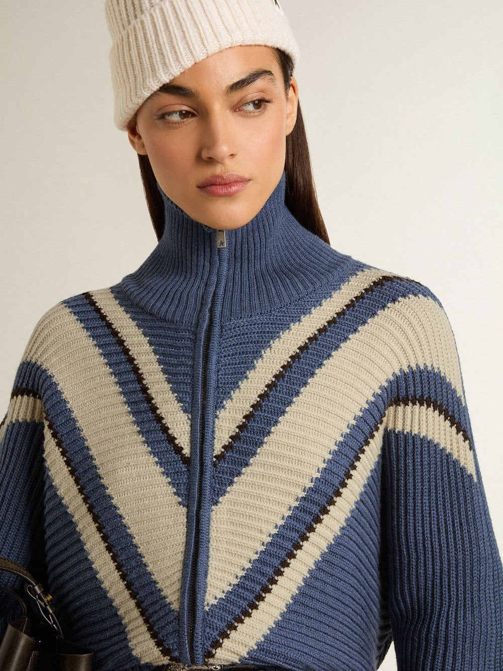 Women's light blue jacquard wool sweater with cream-colored pattern