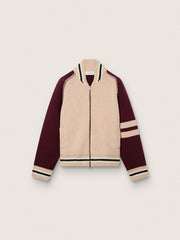 Unisex bomber jacket in white and burgundy jacquard knit
