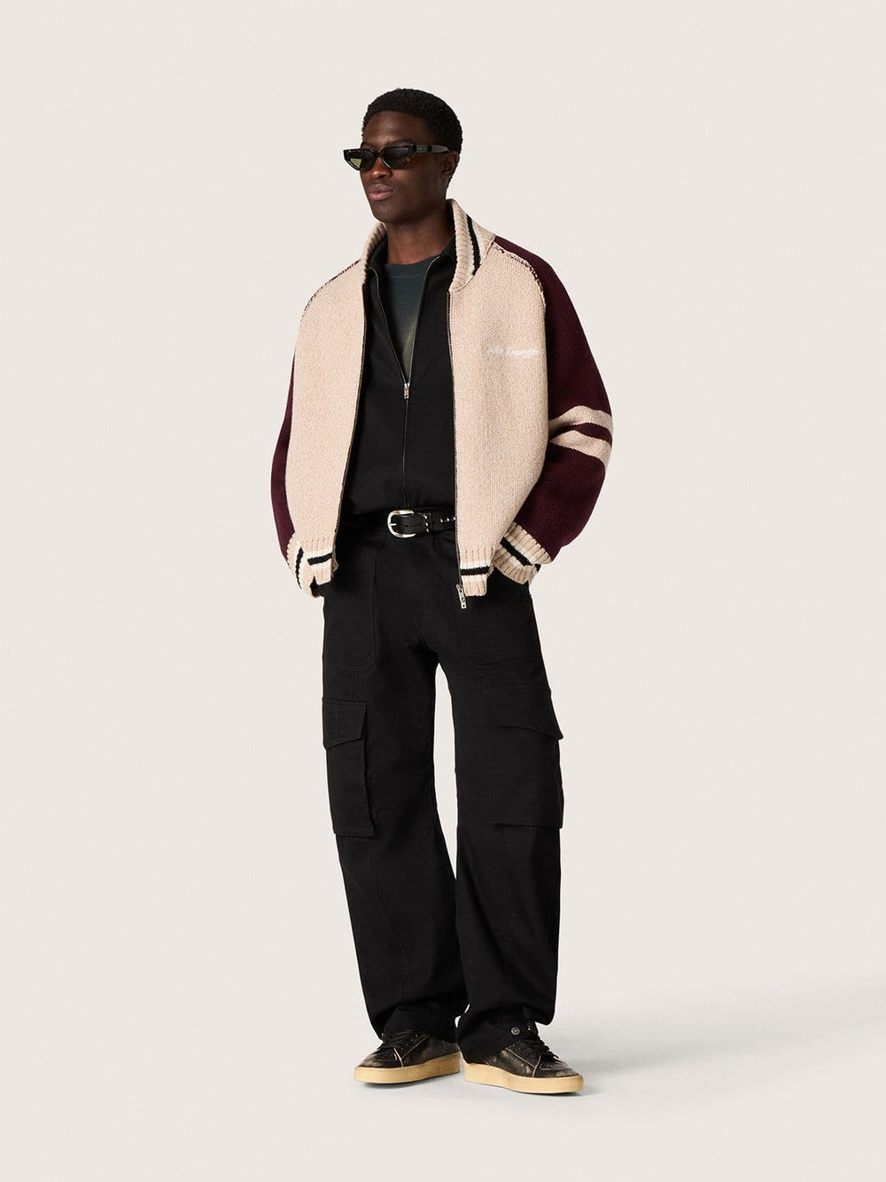 Unisex bomber jacket in white and burgundy jacquard knit