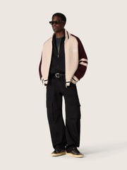 Unisex bomber jacket in white and burgundy jacquard knit