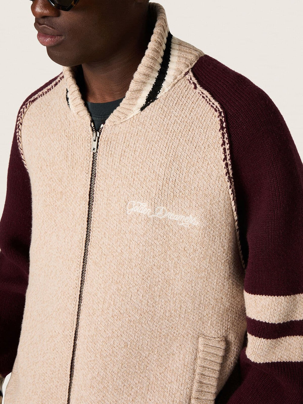 Unisex bomber jacket in white and burgundy jacquard knit