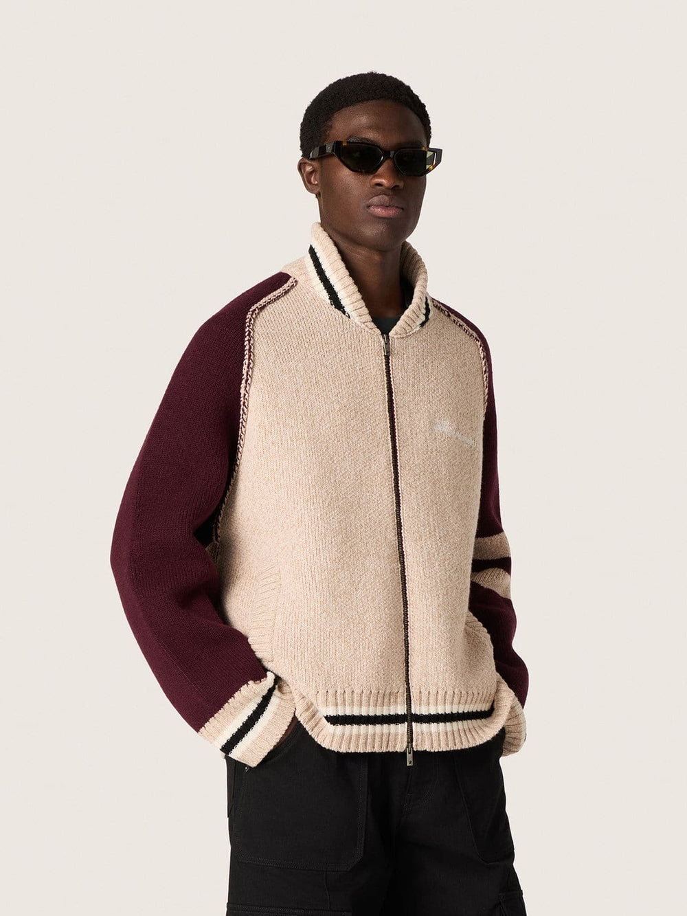 Unisex bomber jacket in white and burgundy jacquard knit