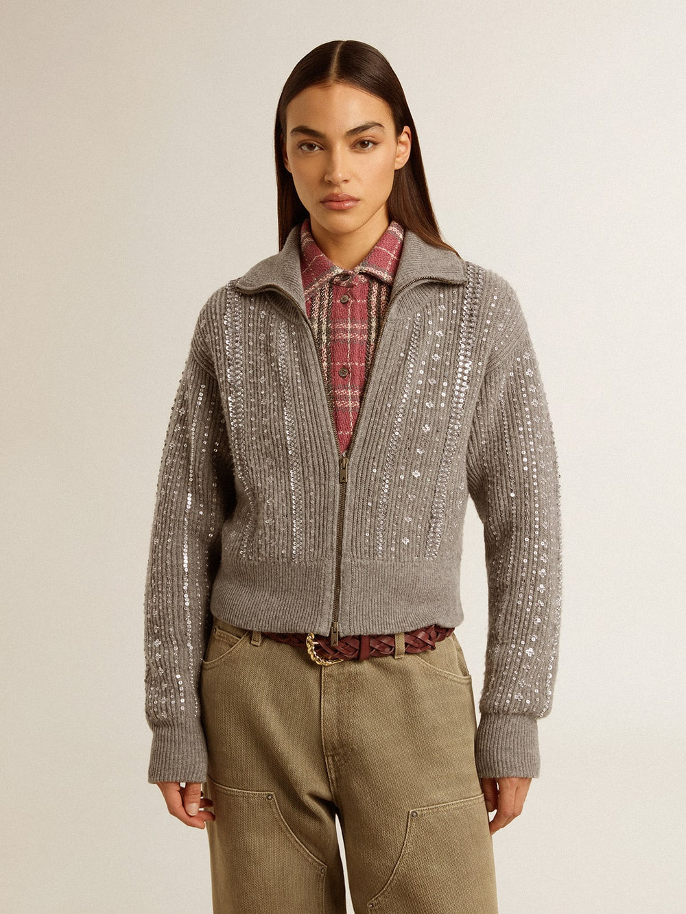 Women's cropped sweater in gray melange wool with sequins