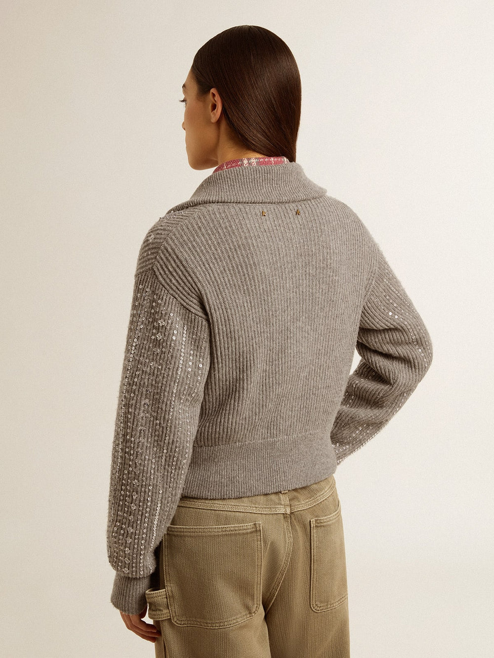 Women's cropped sweater in gray melange wool with sequins