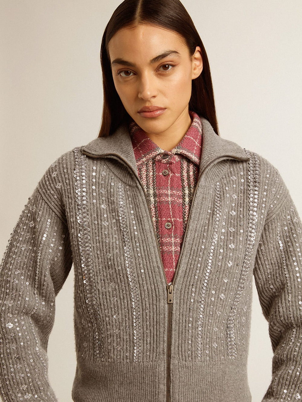 Women's cropped sweater in gray melange wool with sequins