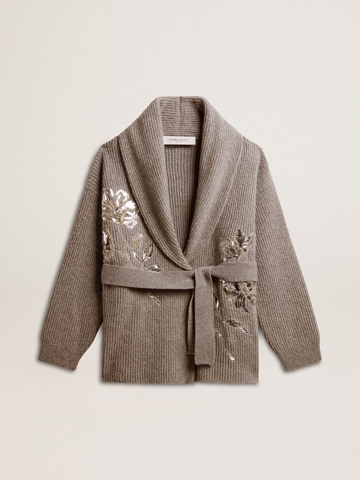 Women's cardigan in gray melange wool with embroidery on the front