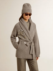 Women's cardigan in gray melange wool with embroidery on the front