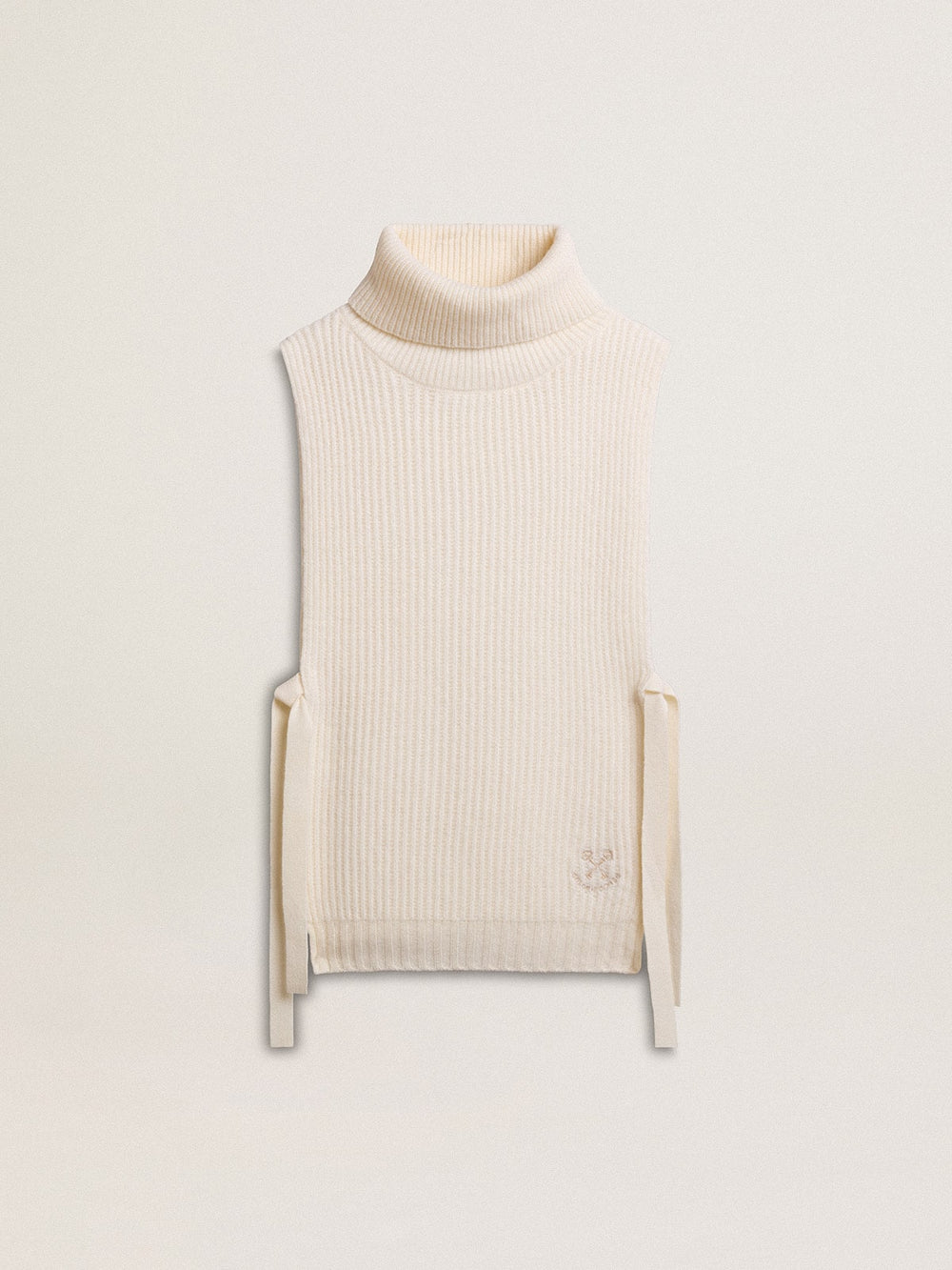 Unisex white high-neck sleeveless sweater in ribbed wool