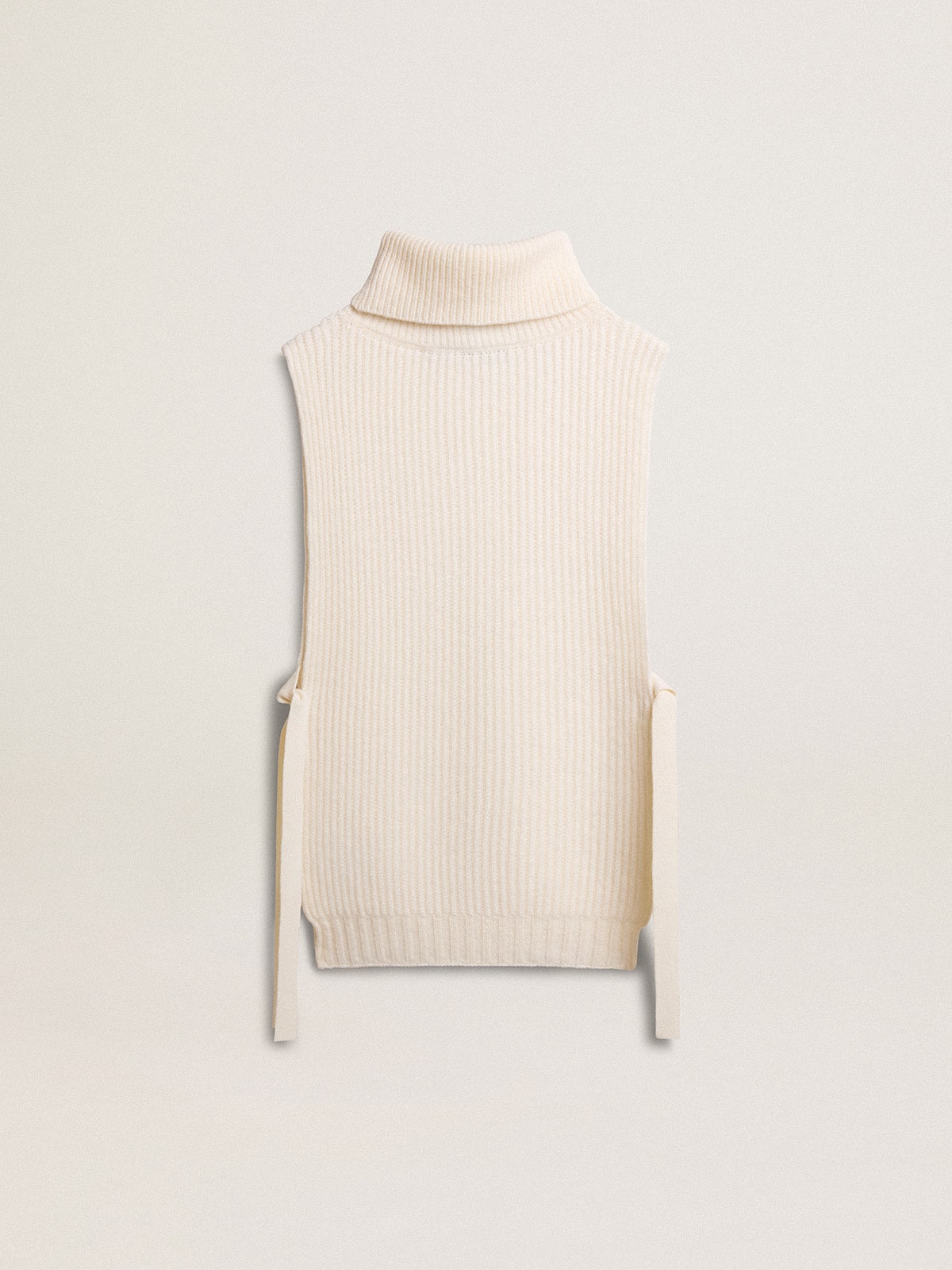 Unisex white high-neck sleeveless sweater in ribbed wool