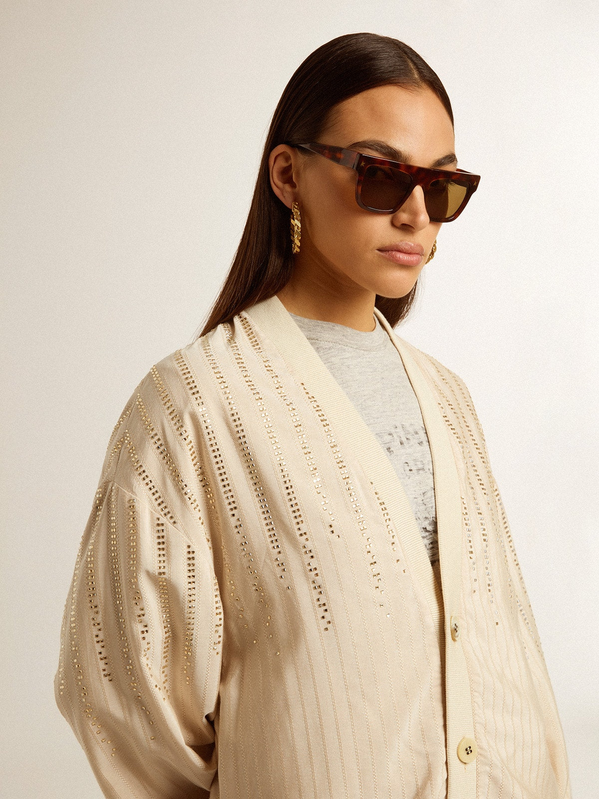 Women's silk and viscose cardigan with pinstripe motif