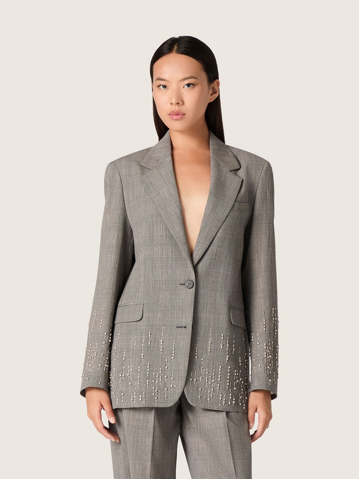 Women's jacket in gray Prince of Wales check with crystal embroidery
