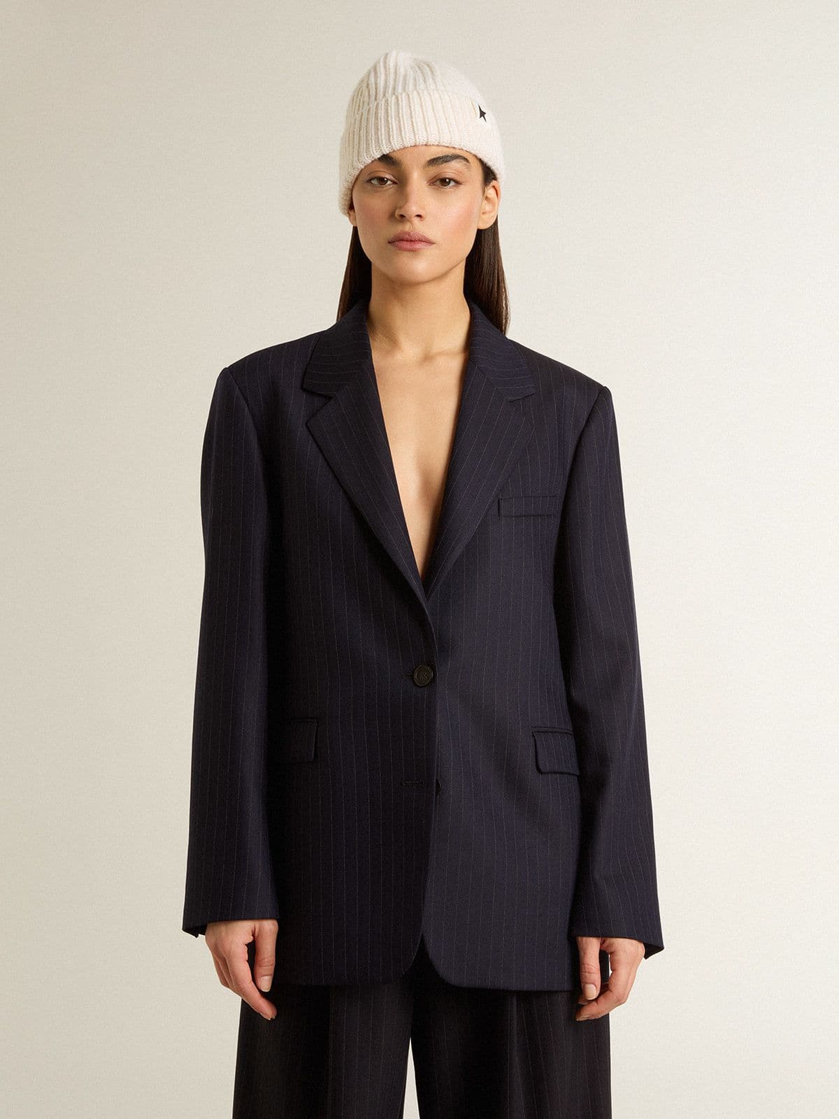 Women's midnight blue wool single-breasted blazer