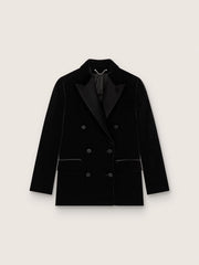 Women's double-breasted jacket in black velvet with black satin lapels