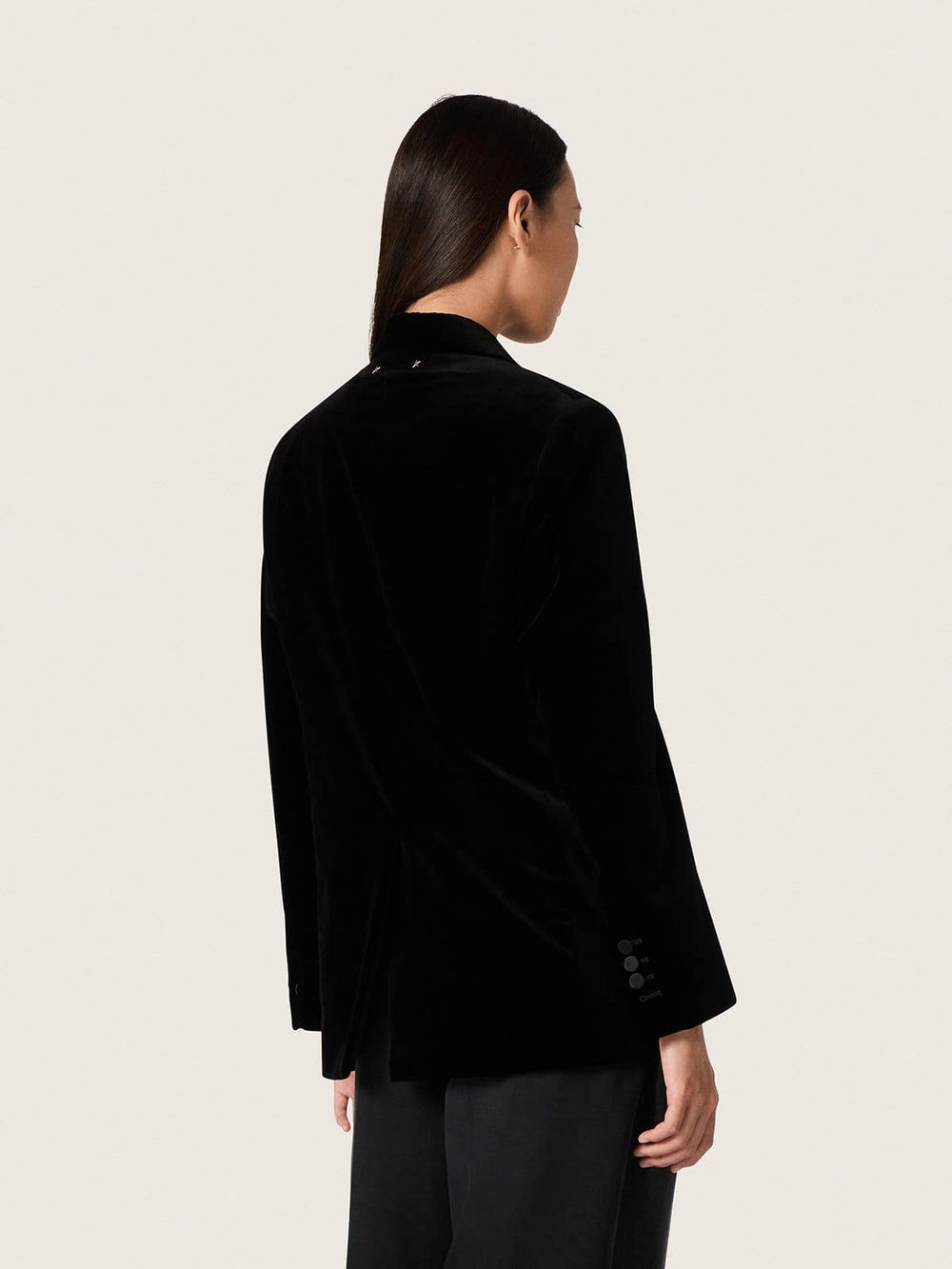 Women's double-breasted jacket in black velvet with black satin lapels