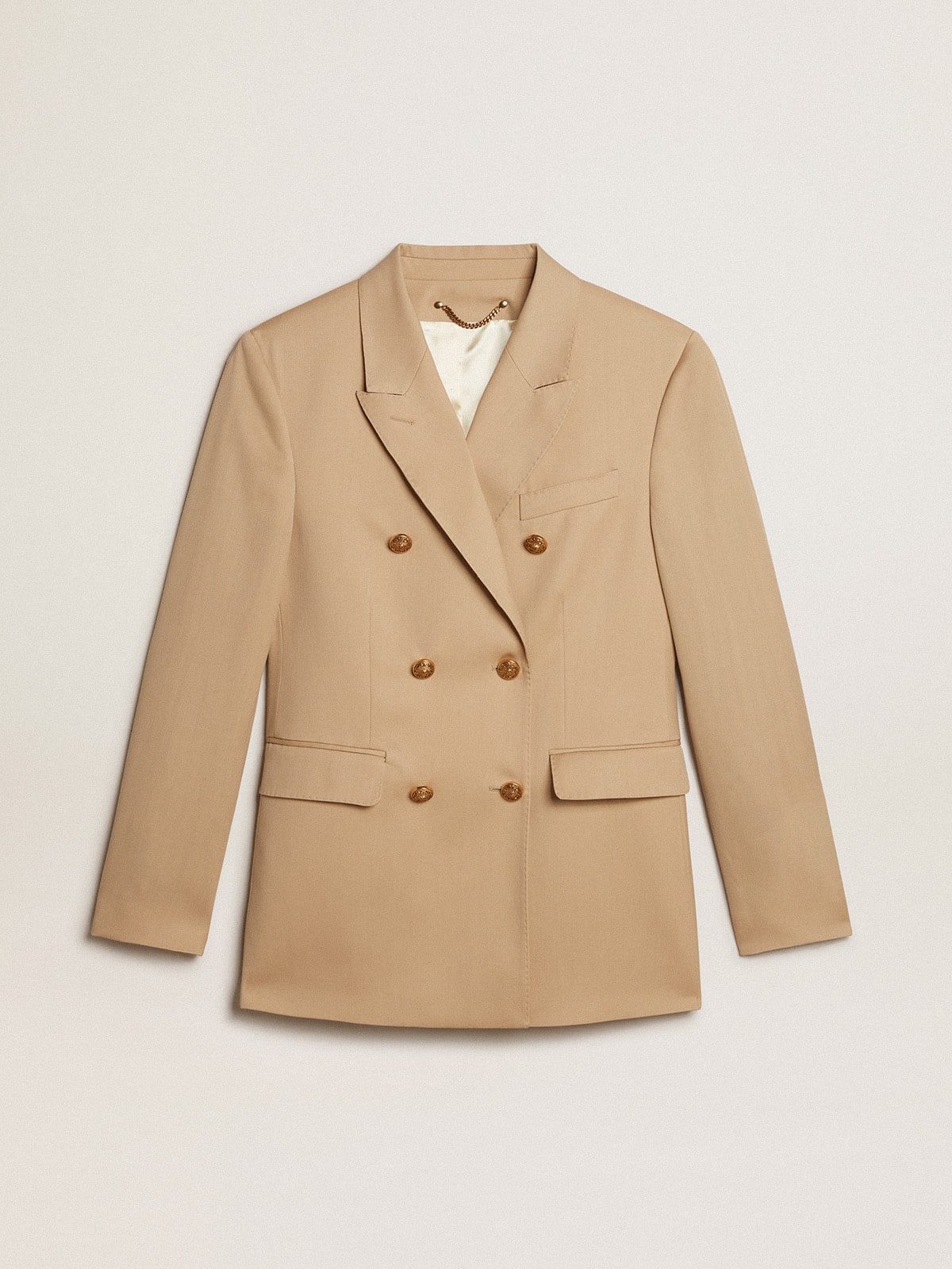 Women’s double-breasted blazer in sand with gold heraldic buttons