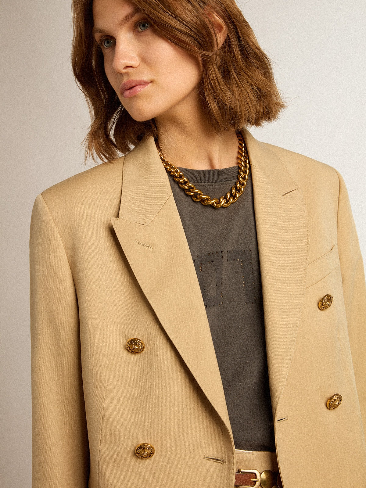 Women’s double-breasted blazer in sand with gold heraldic buttons