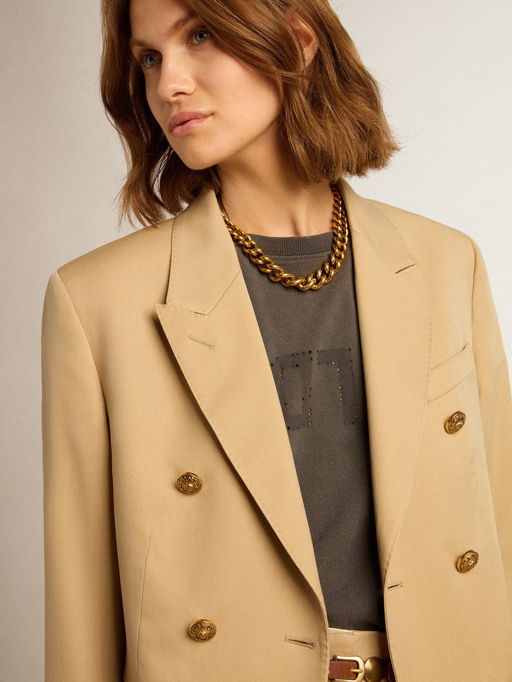 Women’s double-breasted blazer in sand with gold heraldic buttons