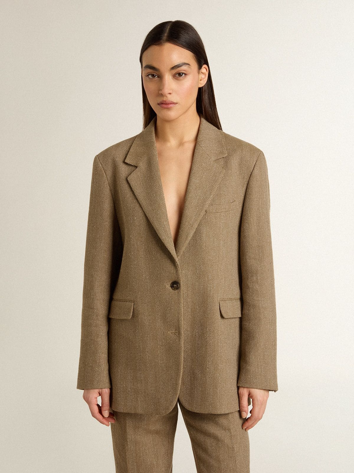 Women's single-breasted blazer in sand-colored herringbone