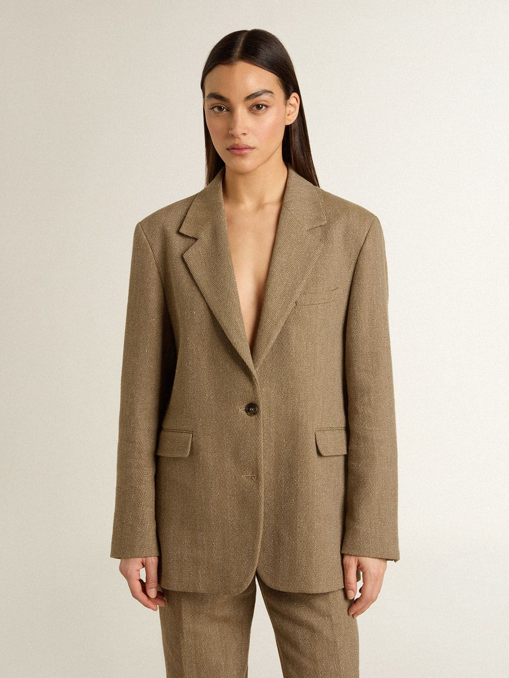 Women's single-breasted blazer in sand-colored herringbone